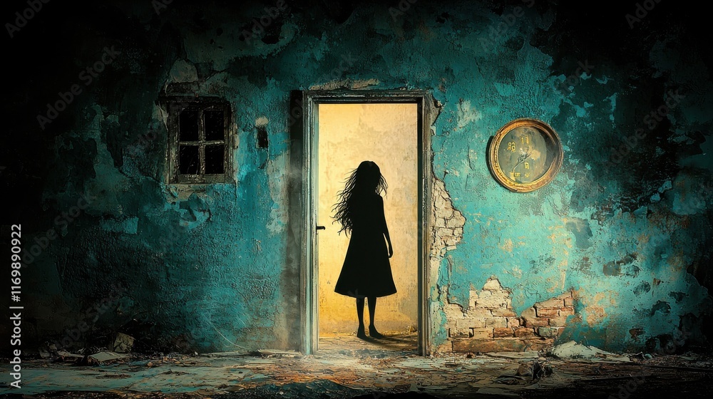 Poster mysterious shadowy figure in doorway of abandoned structure haunting scene digital art eerie atmosph