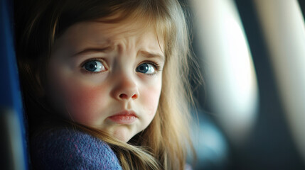 little girl with sad expression sitting on plane, looking out window. Her big blue eyes reflect her emotions as she experiences journey
