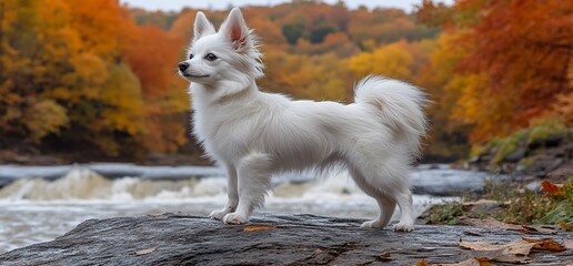 Fototapeta premium White fluffy dog standing on rock by autumn river.