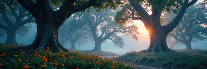 Ancient trees shrouded in mist, glowing flora, purple, backdrop