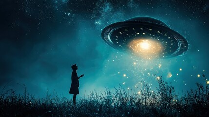 Fototapeta premium Mysterious abduction of a silhouette by a ufo in a starry field digital art nighttime sci-fi concept