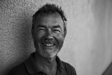 Grey-haired man with beard smiling at camera, wearing short sleeved shirt and sunglasses.