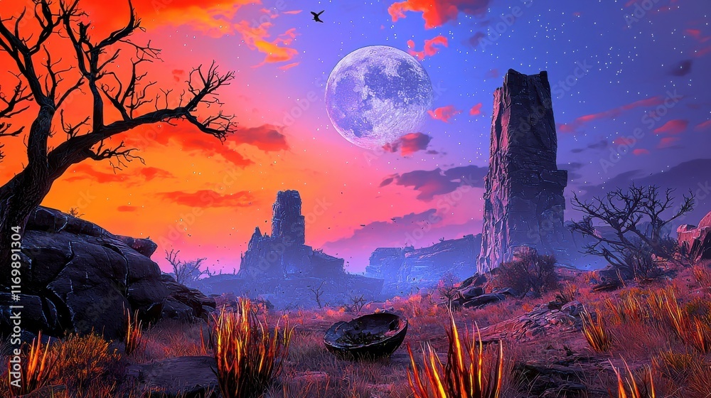Poster exploring an alien landscape with towering rock formations under a moonlit sky sci-fi art surreal en