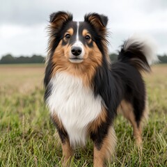 Fototapeta premium Charming Rough Collie Surrounded by Lush Green Fields in Summer