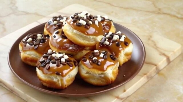Espresso cronuts with caramel espresso glaze, coffee beans, and white chocolate curls arranged radially on beige marble