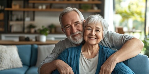 Fototapeta premium A tender moment between an older couple sitting on a blue sofa at home.