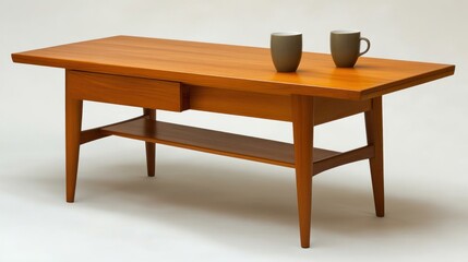Mid-century coffee table, studio shot, drawer, shelf, mugs