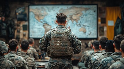 Soldier Addresses Troops Before World Map Briefing