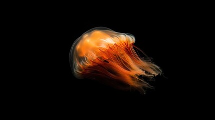 Orange jellyfish floats in dark water, showcasing its translucent bell and long, flowing tentacles.