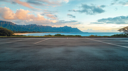 serene parking area overlooking beautiful coastal landscape with mountains in background, showcasing peaceful atmosphere