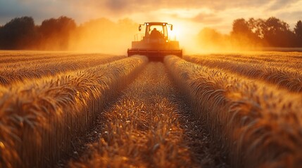 Fototapeta premium Tractor Harvesting Wheat Field at Sunset