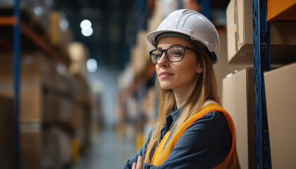 confident woman in safety helmet and glasses stands in warehouse, showcasing her professionalism and focus. She embodies spirit of hard work and dedication in industrial environment