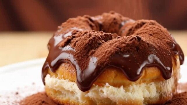 Golden cocoa cronut with hazelnut glaze, cocoa powder, and amber lighting, highlighting velvety texture for a warm luxury moment
