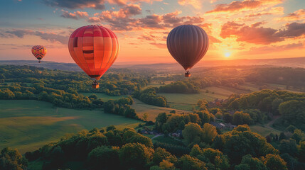 Fototapeta premium Couple of Colorful Hot Air Balloons Gracefully Soaring Over Lush Green Valley Surrounded by Rolling Hills and Vibrant Flora under a Clear Blue Sky Evoking Adventure and Serenity