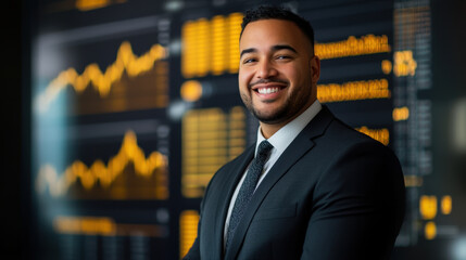 Fototapeta premium smiling man in formal attire stands confidently in front of financial chart, exuding professionalism and success. His expression reflects positivity and determination