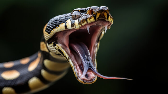 snake with its mouth wide open, displaying fangs and shooting venom, creates striking and intense scene. intricate patterns on its scales add to dramatic effect