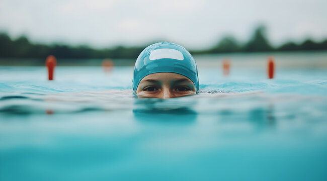 A swimmer emerges halfway from the water, wearing a blue cap, reflecting focus and determination in a tranquil pool environment.