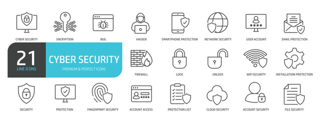 Set of line icons related to cyber security, protection, access, privacy. Outline icons collection. Editable stroke. Vector illustration.