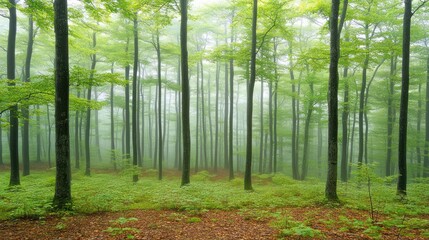 Obraz premium A misty forest scene with tall trees and lush greenery, creating a serene atmosphere.