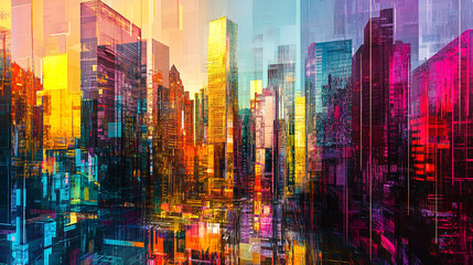 Obraz premium Abstract Cityscape with Vibrant neon light colorful Glass building, glass office or construction buildings and casting colorful reflections, cityscape at dawn with various glass covered building.
