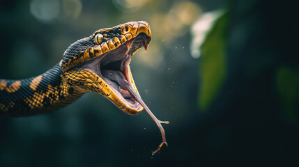 Naklejka premium snake with open mouth, showcasing its fangs and tongue, exudes sense of danger and intrigue. vibrant colors and details highlight its striking appearance
