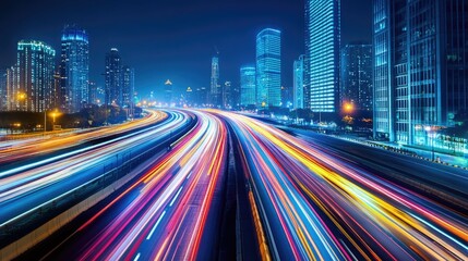 Fototapeta premium A city street with a night view of fast traffic and blurred motion. A long highway in the background.