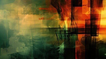 Abstract digital art with green and orange tones and layered textures