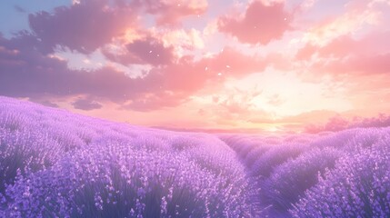 A dreamy lavender field in full bloom, stretching out beneath a soft pastel sunset sky