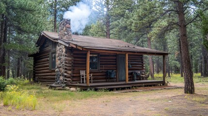 A rustic log cabin surrounded by trees, with smoke rising from the chimney.