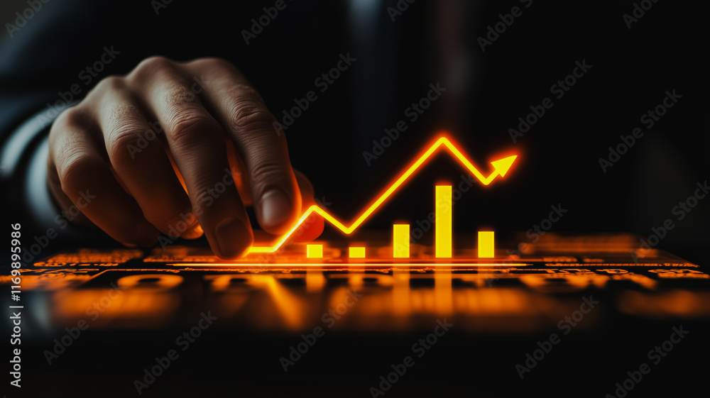 Poster man is pointing at a graph on a computer screen. the graph shows a steep upward trend, which could r