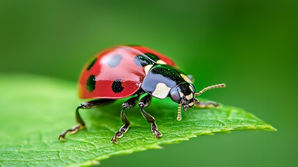 Fototapeta premium Close-up of a ladybug with red shell and black spots on a green leaf.