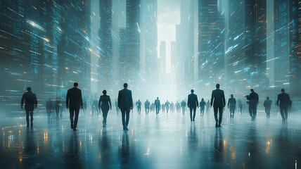 Fototapeta premium Business people walking on a wet street in a futuristic city