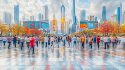 Obraz premium Busy city street with people walking and a large sign in the background. Scene is bustling and lively