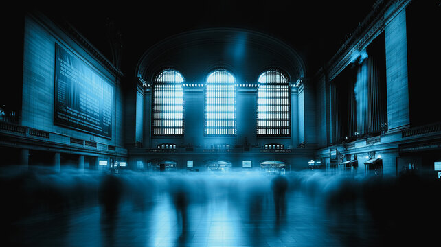 The image captures a train station with a blue and white color scheme. The station is filled with people walking around, creating a sense of movement and activity