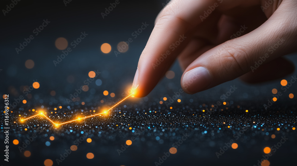 Poster hand is pointing at a line of dots on a dark background. the dots are arranged in a way that they fo
