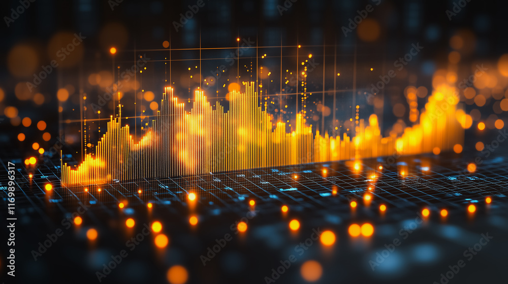 Poster graph with orange lines and blue dots. the graph is a representation of data and the orange lines an