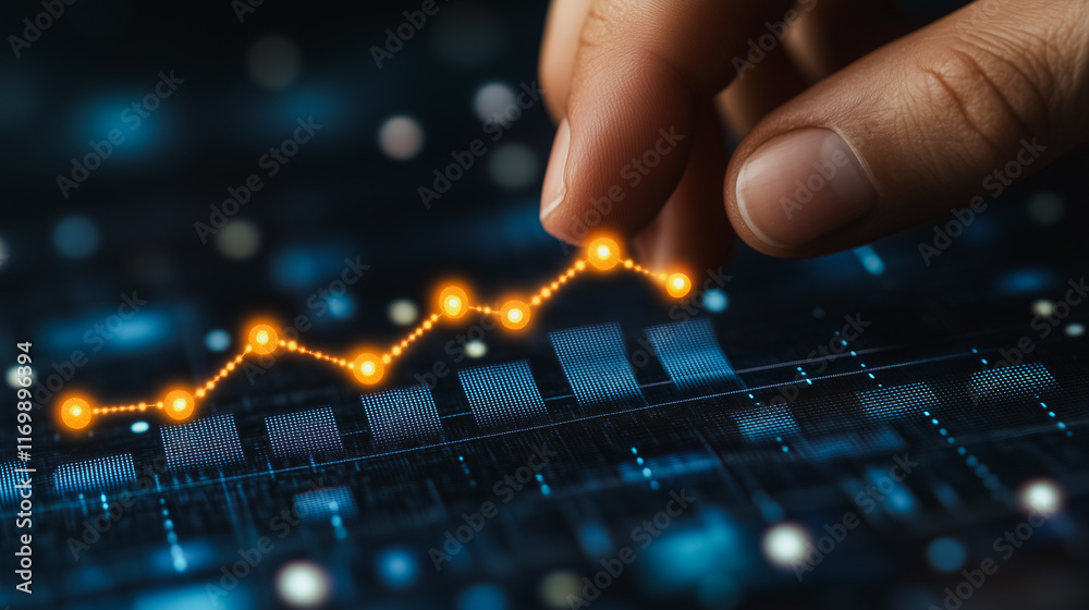 Poster hand is pointing at a graph with a line that is orange. the graph is blue and has a lot of dots