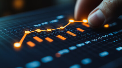 Hand is pointing at a graph on a screen. The graph is orange and has a downward trend