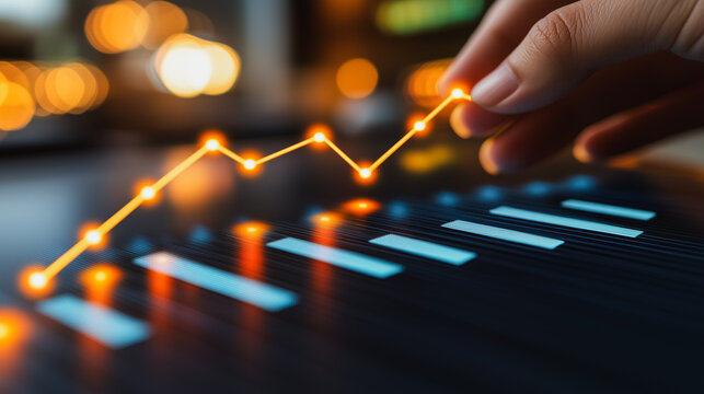 Hand is drawing a line on a graph, which is rising. The graph is on a computer screen
