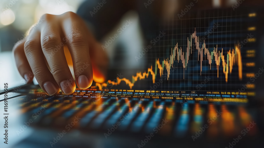 Poster person is using a laptop to look at a graph. the graph is colorful and has many lines. the person is
