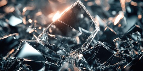 Fototapeta premium Close up of a pile of broken glass. Concept of fragility and vulnerability, as the broken pieces of glass are scattered and disjointed. The light shining on the glass adds a sense of depth