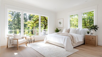 Bright, airy bedroom with large windows, white bedding, light wood floors, and natural light streaming in.
