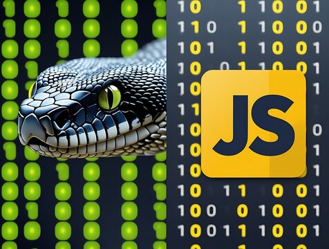 Python vs JavaScript coding comparison featuring a sleek python snake with green binary code and the iconic JavaScript logo, showcasing the intersection of programming languages and technology innovat