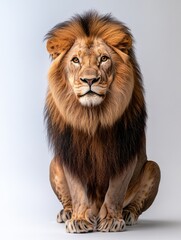 Fototapeta premium Lion with a long mane sits on a white background. The lion's eyes are open and it is looking at the camera. Concept of strength and majesty, as lions are often seen as powerful