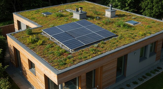 Modern eco-friendly house with solar panels and green roof design