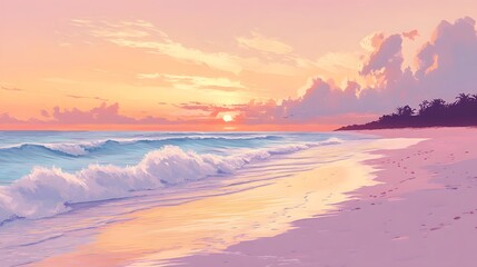 A calm beach at sunrise, with gentle waves lapping the shore and the sky painted in soft pastel hues