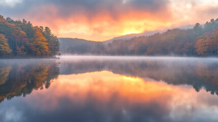 A tranquil lake with fog and a stunning sunrise over the mountains in the background.
