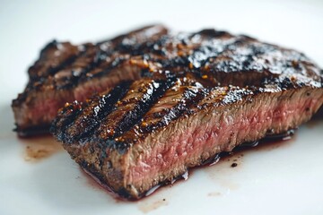 Piece of meat is grilled and has a lot of char marks. The meat is cut in half, revealing the juicy, pink center. Concept of indulgence and satisfaction, as the meat is cooked to perfection