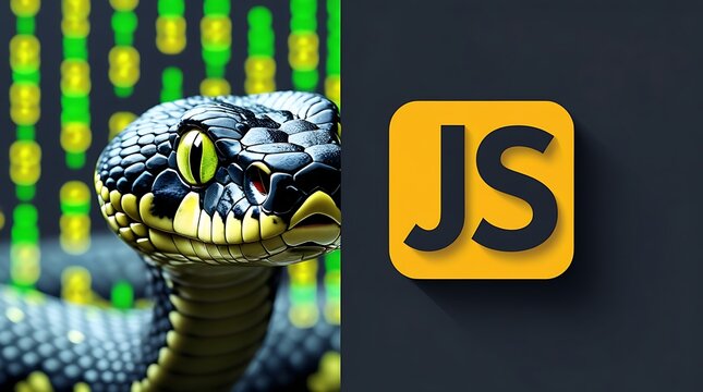 Python vs JavaScript coding comparison featuring a sleek python snake with green binary code and the iconic JavaScript logo, showcasing the intersection of programming languages and technology innovat