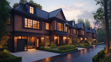 Elegant row homes with brick facades, glowing warmly at dusk, surrounded by manicured greenery and a peaceful, wet driveway reflecting the evening sky.
